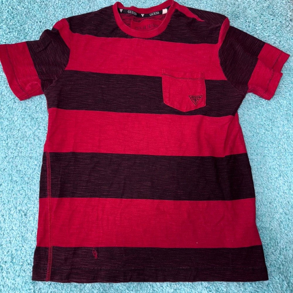 GUESS Kids Striped T-Shirt Red & Black Short Sleeve Pocket Tee Top